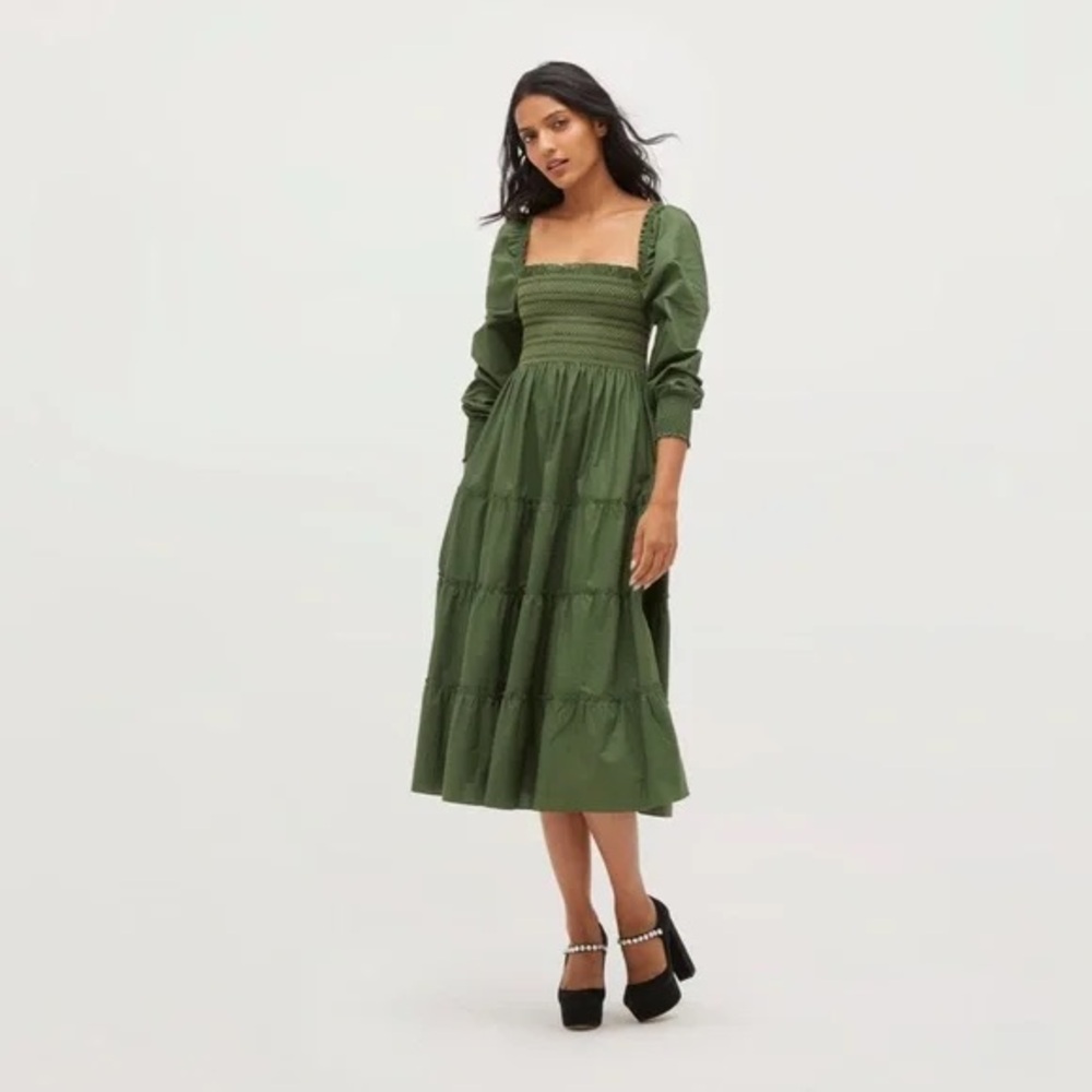 Hill House Green Square Neck Bishop Sleeve Dress